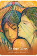 Orakulo korta Divine Love Archangel Chamuel su spalvinga piešta meilės angelo iliustracija, kortos priekinė pusė
