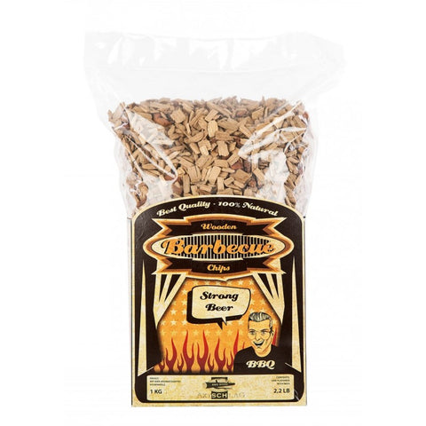 Medžio drožlės 1 kg Strong Beer aromato barbekiu žarijoms, permatomas maišas su priekinės etiketės dizainu, tinkamos dūminimui ir kepimui