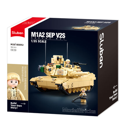 Sluban M1A2 SEP V2 Abrams kovinio tanko konstruktorius – 781 detalių, 29 cm, 6+