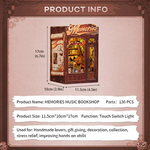 Knygų lentynos diorama, medinė su LED – Memories Music Bookshop, 136 det.