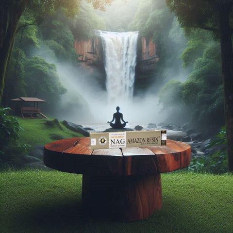 Smilkalai Amazon Resin dervos, 15 g pakelis ant apvalaus medinio stalo prie krioklio, skirti meditacijai
