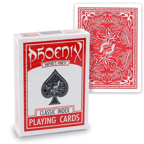 Kortų kaladė Phoenix Classic Index baltai-raudona dėžutė su juodu tūzu priekyje ir raudonu nugarėlių raštu, parodytas pakuotės priekis ir viena nugarinė korta