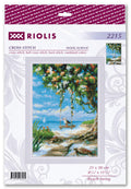 kryželių siuvinys Riolis 21×30 cm Beach Swing — supantis kiras prie jūros po žydru debesuotu dangumi, ryškios mėlynos ir žalios spalvos