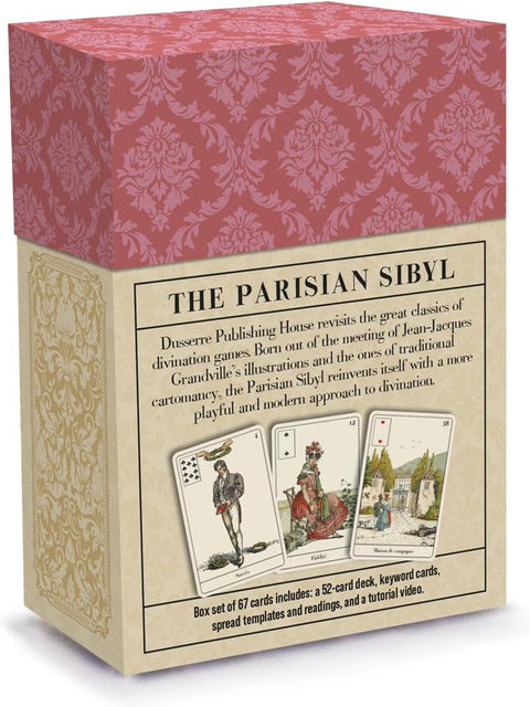 kortų kaladė The Parisian Sibyl, raudonai‑kreminė dėžutė matoma iš priekinio kampo su trimis pavyzdiniais kortelėmis