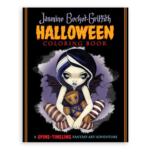 Helovino spalvinimo knyga Jasmine Becket-Griffith, juodas viršelis su gotiška mergina, dryžuotos kojinės ir lėlė