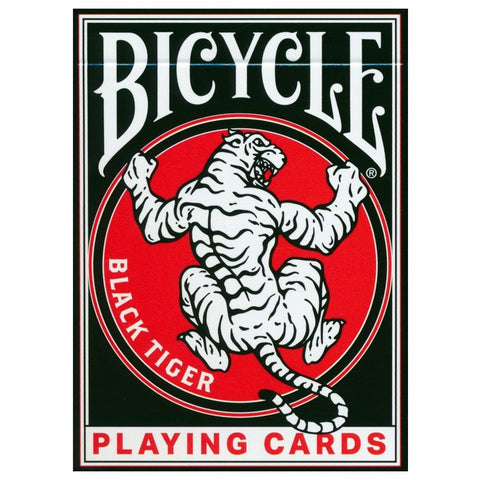 Bicycle žaidimo kortos Black Tiger, juoda-raudona dėžutė su baltu grėsmingu tigru viduryje ir „Playing Cards“ užrašu