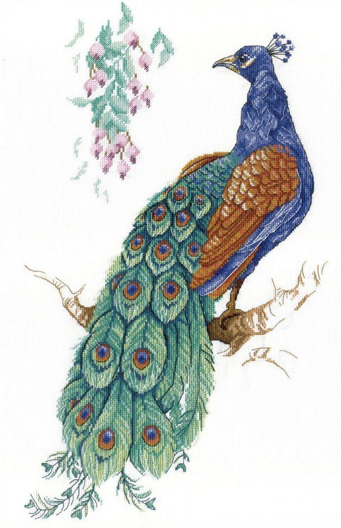 Siuvinėjimo rinkinys pova su žaliai‑mėlyna uodega ir ruda galva, pilnas dizainas ant šakos, skirtas pakabinimui ant sienos