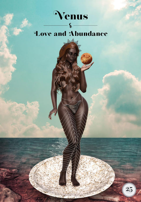 Plakatas „Venus — Love and Abundance“ vaizduoja tamsesnės odos moters figūrą su auksine planeta, stovinčią ant kriauklės jūros fone