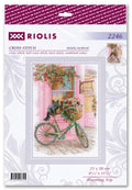 Kryželių rinkinys Riolis, rožinė vitrina su žalia dviračio krepšiu ir juodu katinu, 21×30 cm pakuotė