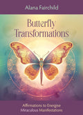 Knyga Butterfly Transformations Alana Fairchild, spalvingas aukso ir violetinės drugelio viršelis su afirmacijų tema ir raminančia estetika