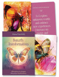 Afirmacijų kortos Butterfly Transformations, Alana Fairchild, spalvingas drugelio viršelis ir trys pavyzdinės kortos su rožiniais ir gelsvais tonais