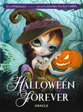 Halloween Forever orakulas — viršelis su paslaptinga fėja-ragana, laikanti šviečiantį išraiškingą moliūgą