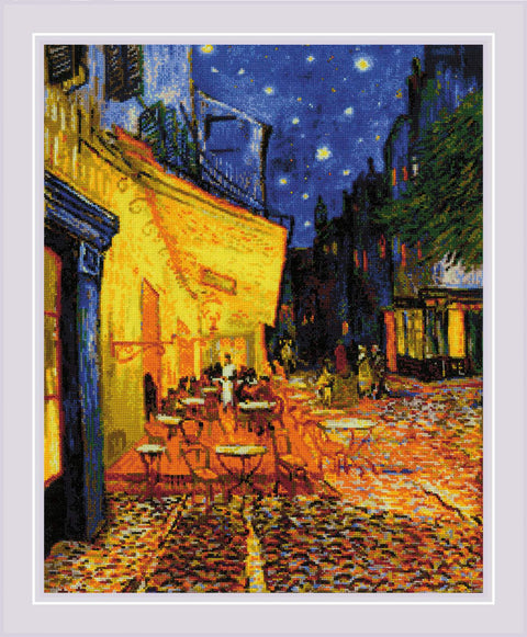 Diamond painting naktinė kavinė, 40×50 cm, ryškios geltonos terasos ir žvaigždėtos mėlynos dangos mozaika