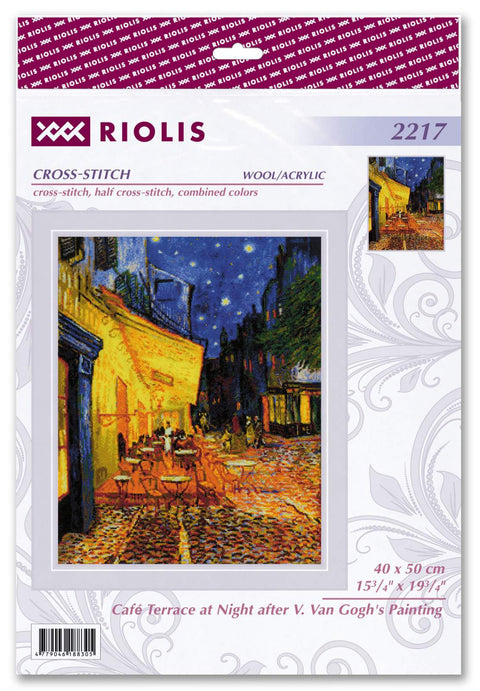 Kryželių rinkinys Riolis 40×50 cm Café Terrace at Night pagal Van Gogą, vilna/akrilas, pakuotės priekinė etiketė su siuvinio pavyzdžiu