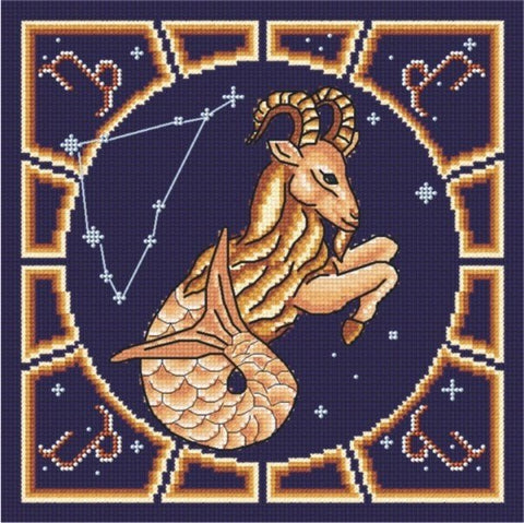 Siuvinėjimo rinkinys Ožiaragis, auksiniai ir tamsiai mėlyni atspalviai, apvalus zodiako motyvas su žvaigždžių konstelacija