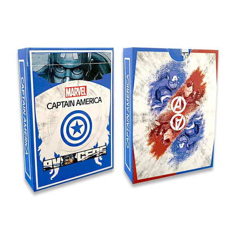 Captain America dovanų dėžutė mėlyna–balta su Marvel logotipu, priekyje skydas, šone veiksmo iliustracija