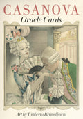 Casanova orakulo kortos su Umberto Brunelleschi pasteline viršeliu — elegantiška XVIII a. poros iliustracija, stilinga pakuotė