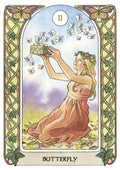 Tarot korta "Butterfly" pastelinių spalvų, moteris keliuose laiko atidarytą dėžutę iš kurios kyla drugeliai, vijoklio rėmas ir numeris 11