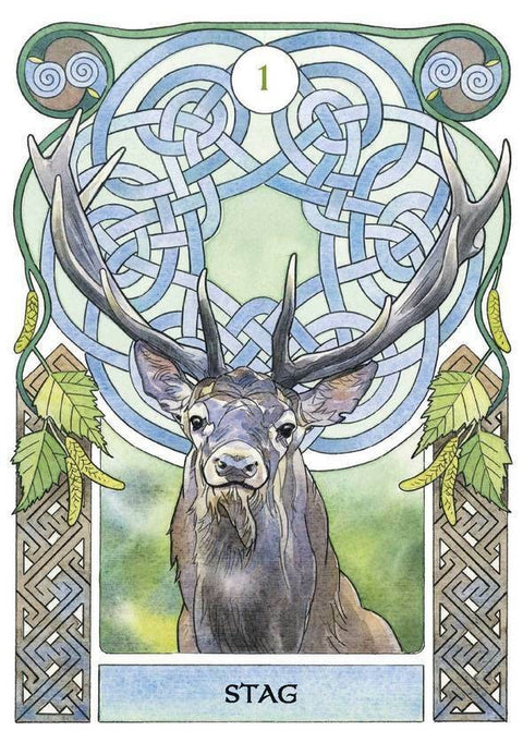 Elnias tarot korta, akvarelinė mėlyno‑žalio iliustracija su keltų mazgu fone, numeriu 1 ir dekoratyviais lapais