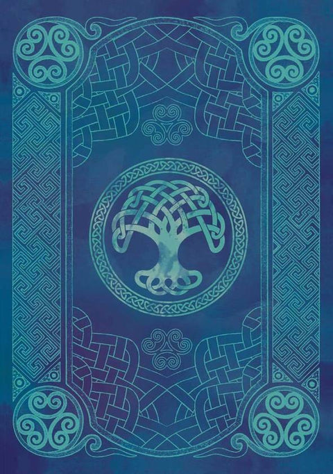 tarot kortos nugarėlė, mėlyno–turkio spalvų su celtic mazgų gyvybės medžio motyvu, vertikali orientacija