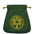 Dovanų maišelis žalias aksominis su auksiniu medžio emblematu ir geltonomis kutelėmis, siauru viršumi su raišteliu