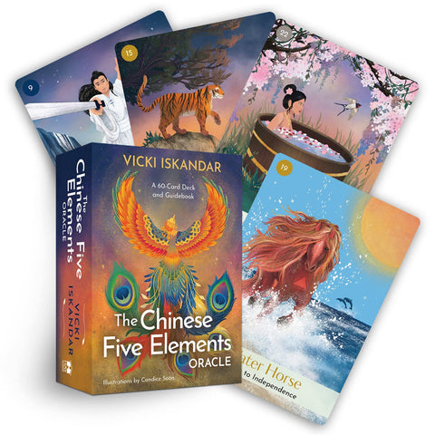 Orakulo kortos The Chinese Five Elements (Vicki Iskandar), spalvinga dėžutė su fenikso viršeliu ir keliomis atverstomis iliustruotomis kortomis