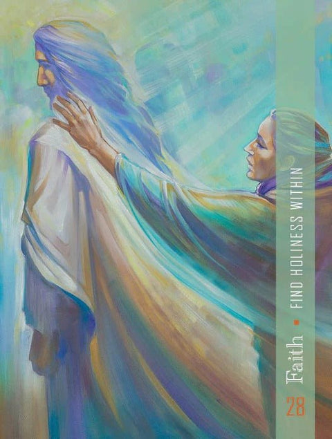 Religinė kortelė iš 'Faith' kolekcijos, pastelinė mėlyna–žalsva, moteris paliečia Kristaus mantiją, šviesa sklinda iš kairės
