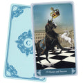 Tarot kortos – atversta 25 Garbingumas ir sėkmė korta su juodu žirgu, vienaragiu ir mėlynu nugarėle