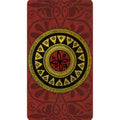 Jogos kilimėlis raudonas su auksine ir juoda mandala centre; ilgo vertikalaus dizaino, skirtas meditacijai ir jogos pozoms