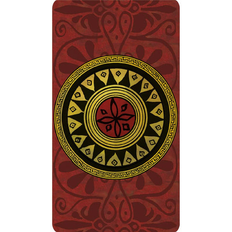 Jogos kilimėlis raudonas su auksine ir juoda mandala centre; ilgo vertikalaus dizaino, skirtas meditacijai ir jogos pozoms