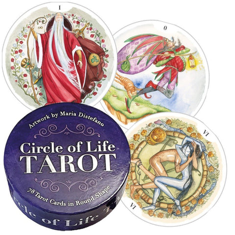 Circle of Life tarot kortos apvalioje dėžutėje su violetine pakuote ir keliomis pavyzdinėmis apvaliomis kortomis