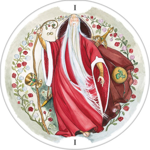 Tarot korta Magas, apvali iliustruota versija su raudonu ilgu apsiaustu, balta barzda ir rožių bei baltų gėlių vainiku