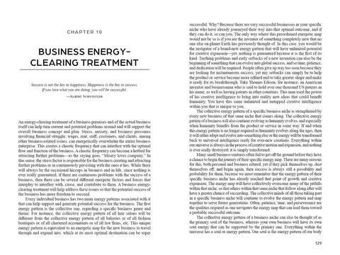 Knyga: atverstas puslapis su 10 skyriumi Business Energy‑Clearing Treatment, matoma antraštė ir pradinės teksto kolonos bei leidimo vidinis maketas