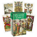 Tarot kortos Classic Tarot žalia dėžutė su penkiomis senovinėmis ranka koloruotomis kortomis fone, dėžutė parodyta iš priekio