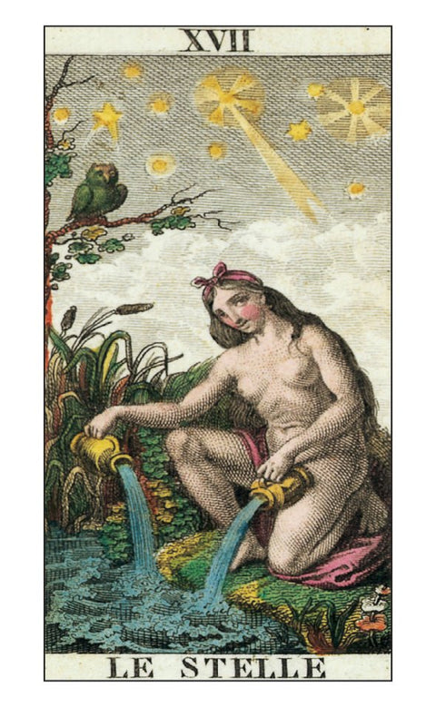 tarot korta Žvaigždė, ranka spalvinta antikinė iliustracija su klūpančia moterimi, dviem ąsočiais ir žvaigždžių fone
