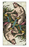 Tarot korta Temperance: vertikalus spalvotas graviravimas, dvi figūros pila vandenį iš ąsočių, ryškūs žali ir rožiniai tonai