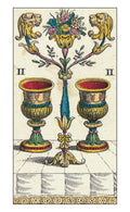 Tarot korta Dviejų taurių – spalvota vintažinė graviūra, nuskaityta priekinė kortos pusė su ryškiomis aukso ir raudonos spalvomis