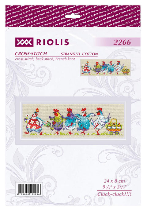 siuvinėjimo rinkinys Riolis su spalvingomis viščiukų figūrėlėmis, 24×8 cm motyvas bei siūlai ir schema pakuotėje