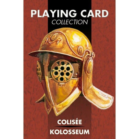 Kortų rinkinys su Koliziejaus tematikos auksiniu gladiatoriaus šalmu ant tamsiai raudonos kolekcijos dėžutės