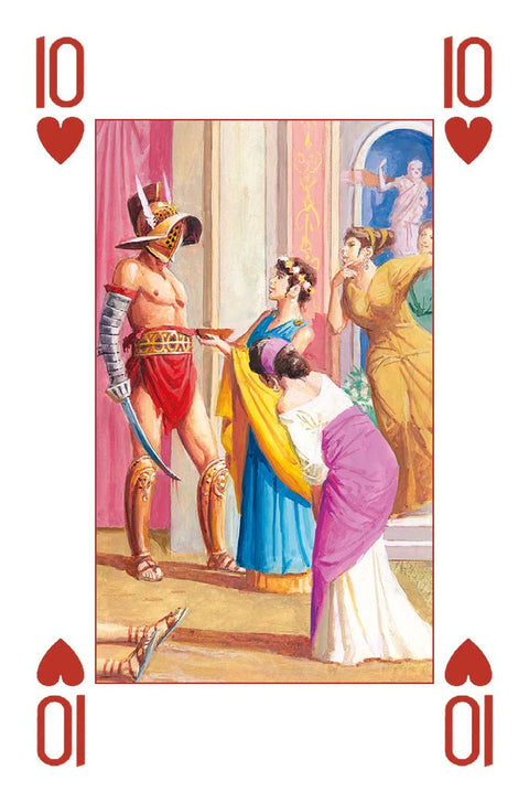 Dešimtukas širdžių korta su spalvota antikinių Romos personažų iliustracija — gladiatorius ir moterys