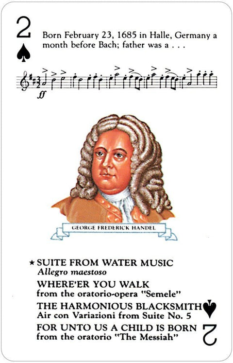 Kolekcinė žaidimo korta su George Frederick Handel portretu, natų fragmentu ir kūrinių sąrašu, 2 pikų ženklu