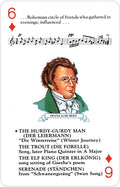 Kortelė Franz Schubert, raudonas rombas 6/9, natų fragmentas viršuje, portretas su žalia apykakle ir kūrinių sąrašu