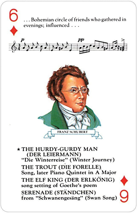 Kortelė Franz Schubert, raudonas rombas 6/9, natų fragmentas viršuje, portretas su žalia apykakle ir kūrinių sąrašu