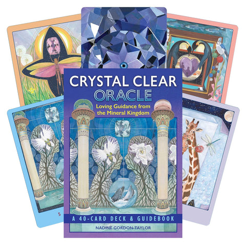 Crystal Clear Oracle kortų rinkinys — 40 kortų dekas su vadovėliu, dėžutės priekyje ir spalvotos pavyzdinės kortos