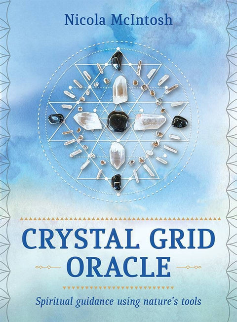 Crystal Grid Oracle kortų dėžutės viršelis mėlyname fone su geometriniu kristalų tinklu, autoriaus vardu Nicola McIntosh