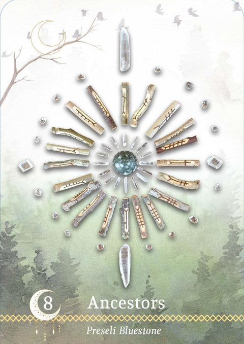 Korta Ancestors (Preseli Bluestone) žalio fono, centrinė mėlyna bluestone sfera ir kristalų‑lazdelių mandala, numeris 8