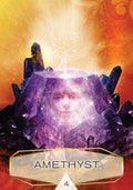 Ametistas tarot kortelė su violetiniu kristalu ir moters veidu centre, apačioje etikete AMETHYST ir nr. 4