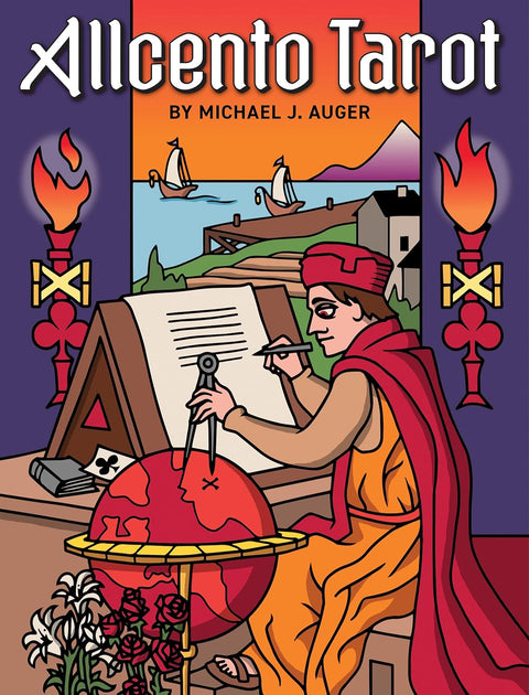 Allciento Tarot kortų rinkinys, priekinis dėkliukas su Michael J. Auger dizainu — ryški raudonai oranžinė iliustracija, mokslininkas matuoja žemės rutulį