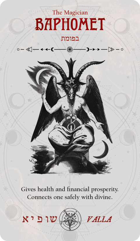 tarot korta Baphomet juodai baltas iliustravimas su raudonu pavadinimu ir tekstu apie sveikatą ir turtus