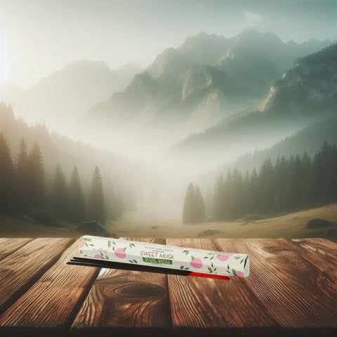 Kvapiosios lazdelės Sweet Musk, augalinės formulės pakuotė ir juodos lazdelės ant medinio stalo su miglotu kalnų fonu.